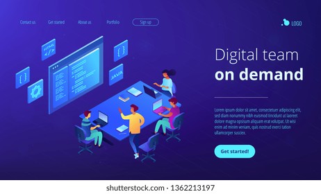 Tiny people software developers team working together coding. Software development team, best working group, digital team on demand concept. Isometric 3D website app landing web page template