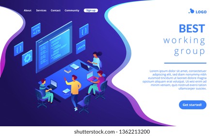 Tiny people software developers team working together coding. Software development team, best working group, digital team on demand concept. Isometric 3D website app landing web page template