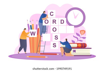Tiny people solving crossword together filling empty boxes with letters. Team searching for solution. Flat abstract metaphor cartoon vector illustration concept design isolated on white background.