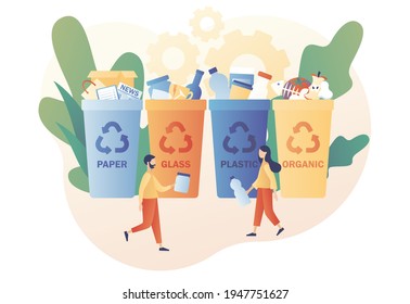 Tiny people sorting garbage waste, paper, glass, plastic, organic in containers for recycling and reuse. Recycling garbage. Zero waste concept. Modern flat cartoon style. Vector illustration 