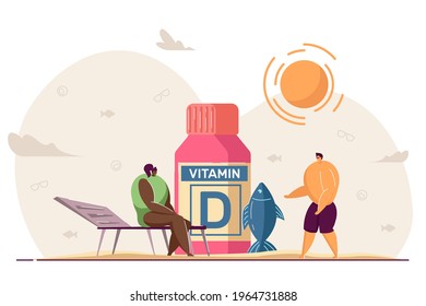 Tiny people with sources of vitamin D. Cartoon characters taking supplements for good health and skin flat vector illustration. Food, wellbeing concept for banner, website design or landing web page