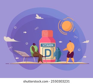 Tiny people with sources of vitamin D. Cartoon characters taking supplements for good health and skin flat vector illustration. Food, wellbeing concept for banner, website design or landing web page