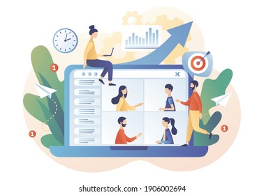 Tiny people speak in video conference. Online business meeting. Online conference concept. Social distancing and self-isolation during coronavirus quarantine. Modern flat cartoon style. Vector