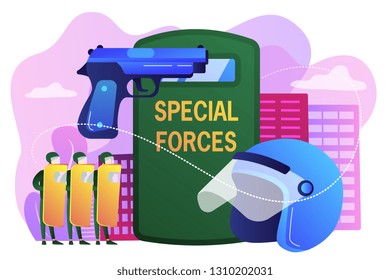 Pequeñas unidades militares especiales con equipo realizan operaciones. Fuerzas militares especiales, operaciones especiales, concepto de equipo militar moderno. Ilustración aislada del vector violeta brillante brillante brillante brillante