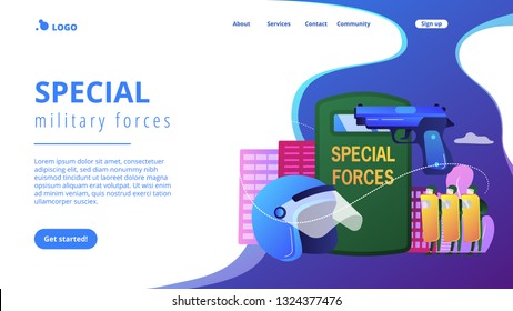 Pequeñas unidades militares especiales con equipo realizan operaciones. Fuerzas militares especiales, operaciones especiales, concepto de equipo militar moderno. Plantilla de página web de aterrizaje violeta vibrante del sitio web.