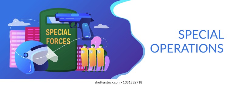 Tiny people special military unit with equipment conducts operation. Special military forces, special operations, modern military equipment concept. Header or footer banner template with copy space.