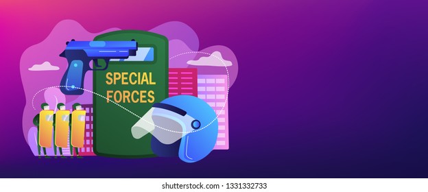 Tiny people special military unit with equipment conducts operation. Special military forces, special operations, modern military equipment concept. Header or footer banner template with copy space.