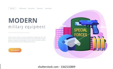 Pequeñas unidades militares especiales con equipo realizan operaciones. Fuerzas militares especiales, operaciones especiales, concepto de equipo militar moderno. Plantilla de página web de aterrizaje violeta vibrante del sitio web.