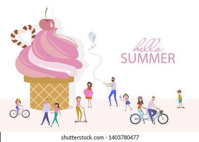 Tiny people spend summer time, ride a bike, walk on the background of a huge ice cream. Summer Time Website Landing Page, Web Page. Editable vector illustration