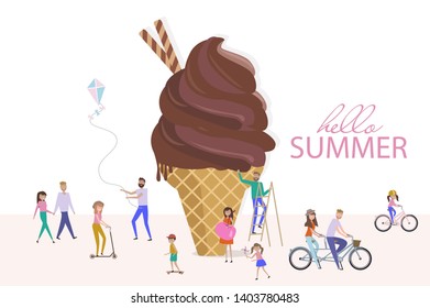 Tiny people spend summer time, ride a bike, walk on the background of a huge ice cream. Summer Time Website Landing Page, Web Page. Editable vector illustration