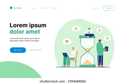 Tiny people spending their time in Internet. Flat vector illustration. Cartoon users checking online reviews with giant sandglass nearby. Social media, Internet, time management concept for design