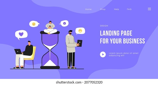 Tiny people spending their time in Internet. Flat vector illustration. Cartoon users checking online reviews with giant sandglass nearby. Social media, Internet, time management concept for design