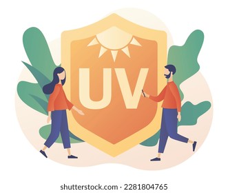 Tiny people with SPF shield. UV protection concept. Modern flat cartoon style. Vector illustration on white background