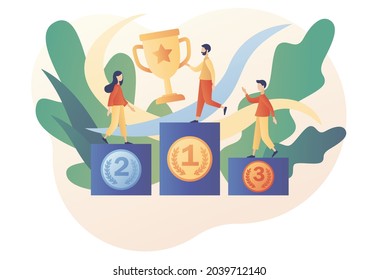 Tiny people sportmen winners stand on athletic podium or pedestal. Sport games and competition. Gold silver and bronze medals. Modern flat cartoon style. Vector illustration on white background