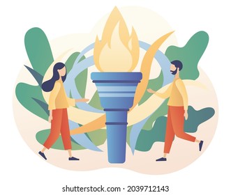 Tiny people sportsmen winners. Sport games. Big Flame as metaphore athletic competition. Modern flat cartoon style. Vector illustration on white background