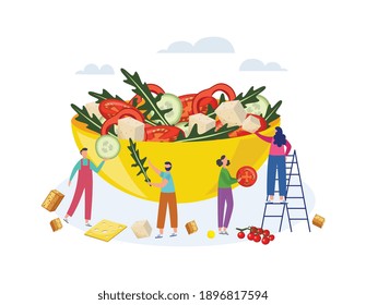 Tiny people standing by huge salad bowl, flat vector illustration isolated on white background. Small men and women putting slices of vegetables to salad mixing bowl.