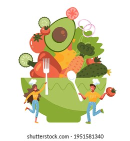 Tiny people standing by huge salad bowl. Small man and woman preparing vegetables to salad mixing bowl. Heathy food concept. Flat vector illustration isolated on white background.