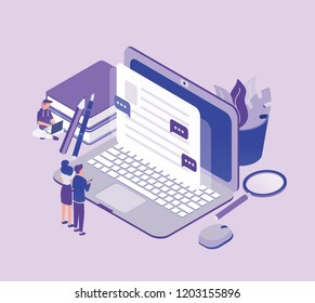 Tiny people standing in front of giant laptop computer and looking at text on screen. Concept of copywriting, digital marketing, content management and SEO. Modern isometric vector illustration.