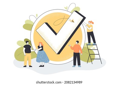 Tiny people standing near big checkmark. Team of male and female characters finishing work with to do list or good job sign flat vector illustration. Done job, checklist, time management concept