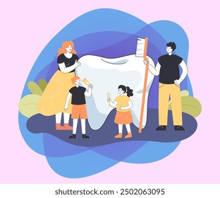 Tiny people standing near big tooth holding oral cavity care hygiene products. Happy family brushing molar with toothpaste and toothbrush flat vector illustration. Stomatology, dental health concept