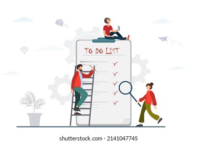 Kleine Leute stehen in der Nähe von Liste, Monatsplanung, Zeitmanagement Konzept, Plan erfüllt, Aufgabe abgeschlossen, Zeitplan, Checklisten-Planung, Plan, flache Vektorgrafik