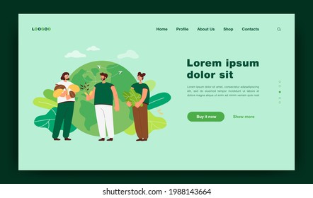 Tiny people standing near Earth globe flat vector illustration. Cartoon man and women near planet holding plants. environment instincts and logic balance concept