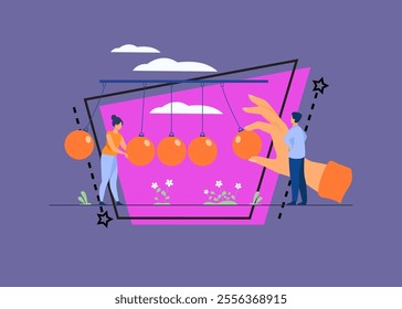 Tiny people standing near pendulum isolated flat vector illustration. Metaphor of motivation positive impact and work for success. Inertia force, rhythm and momentum concept