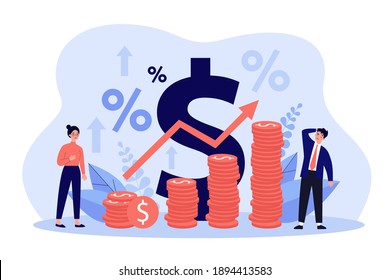 Tiny people standing near piles of coins with growth arrow flat vector illustration. Cartoon metaphor of price increase process in percentage. Economy and money value recession concept