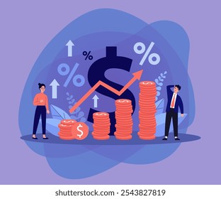 Personas diminutas de pie cerca de pilas de monedas con flecha de crecimiento de Ilustración vectorial plana. Metáfora de dibujos animados del proceso de aumento de Precio en porcentaje. Concepto de recesión de valor de la economía y el dinero