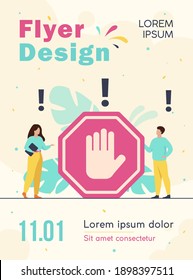 Tiny people standing near prohibited gesture isolated flat vector illustration. Cartoon symbolic warning, danger or safety caution information. Forbidden entry or restricted area concept