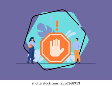 Tiny people standing near prohibited gesture isolated flat vector illustration. Cartoon symbolic warning, danger or safety caution information. Forbidden entry or restricted area concept