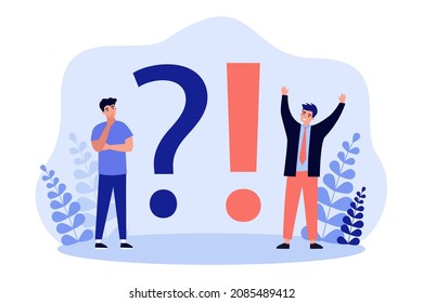 Tiny people standing near question and exclamation marks. Persons solving problems, thinking about information flat vector illustration. FAQ concept for banner, website design or landing web page