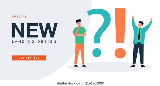 Kleine Leute stehen in der Nähe von Frage und Ausrufezeichen. Menschen, die Probleme lösen, denken über Informationen flach Vektorgrafik. FAQ-Konzept für Banner, Website-Design oder Landing-Website