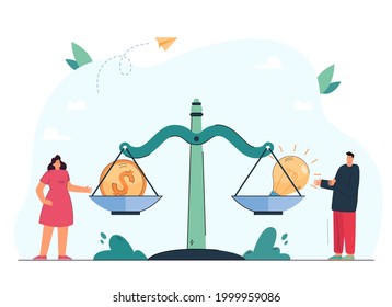Tiny people standing next to scales with coin and light bulb. Balance between creative projects and funding flat vector illustration. Business, investment, strategy concept