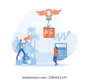 tiny people standing on pile of money coins, gold dollar balloon rising barrel high, global increase and management of crude oil cost in stock market. flat vector modern illustration