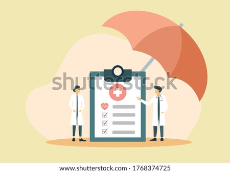 Tiny people standing surround giant health insurance document. Human life protection. Medical colorful vector in flat style.