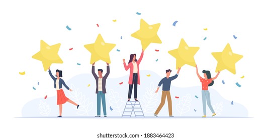 Tiny people with stars. Happy customers rate app, site or service. Small women and men give feedback online, clients product review, satisfaction rating social media survey vector flat cartoon concept
