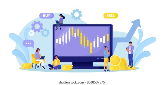 Tiny people stock traders buy and sell shares at computer. Technical analysis candlestick chart. Global stock market index, trade exchange. Forex trading strategy. Investing in Stocks svg