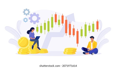 Pequeñas personas comerciantes de acciones compran y venden acciones en computadoras, laptops. Análisis técnico gráfico de candelabros. Índice del mercado bursátil global, intercambio comercial. Estrategia de comercio de divisas. Invertir en acciones