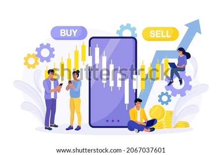 Tiny people stock traders buy and sell shares with mobile phone app. Technical analysis candlestick chart. Global stock market index, trade exchange. Forex trading strategy. Investing in Stocks
