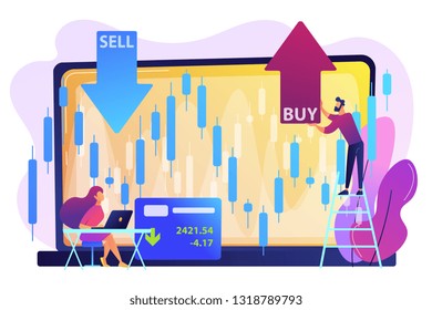 Tiny People Stock Traders At Laptop With Graph Chart Buy And Sell Shares. Stock Market Index, Stockbroking Company, Stock Exchange Data Concept. Bright Vibrant Violet Vector Isolated Illustration