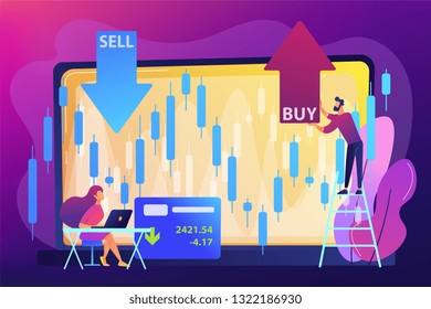 Tiny people stock traders at laptop with graph chart buy and sell shares. Stock market index, stockbroking company, stock exchange data concept. Bright vibrant violet vector isolated illustration