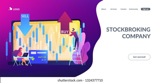 Pequeñas personas comerciantes de acciones en laptop con gráfico gráfico de grafos compran y venden acciones. Índice del mercado de valores, empresa de intermediación, concepto de datos de la bolsa. Plantilla de página web de aterrizaje violeta vibrante del sitio web.