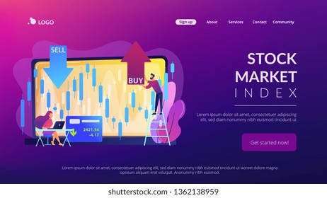 Tiny people stock traders at laptop with graph chart buy and sell shares. Stock market index, stockbroking company, stock exchange data concept. Website vibrant violet landing web page template.