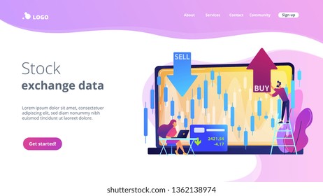 Tiny people stock traders at laptop with graph chart buy and sell shares. Stock market index, stockbroking company, stock exchange data concept. Website vibrant violet landing web page template.