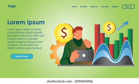 Tiny people stock traders at laptop with graph chart buy and sell shares. Stock market index, stockbroking company, stock exchange data concept. Website green landing web page template.