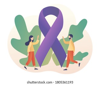 Tiny people and stop violence sign. Purple ribbon as symbol domestic violence. International day for the elimination of violence against women. Modern flat cartoon style. Vector illustration 