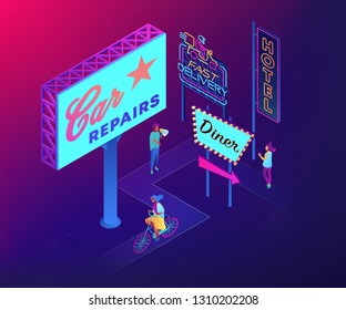 Tiny people in street with outdoor advertising billboards and signs. Outdoor advertising design, out of home media, outdoor advertising concept. Ultraviolet neon vector isometric 3D illustration.