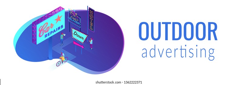 Tiny people in street with outdoor advertising billboards and signs. Outdoor advertising design, out of home media, outdoor advertising concept. Isometric 3D banner header template copy space.