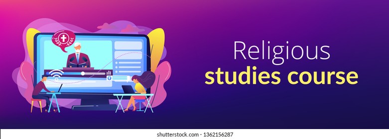 Tiny people, students listening to religious lecture online. Theological lectures, online religious lectures, religious studies course concept. Header or footer banner template with copy space.